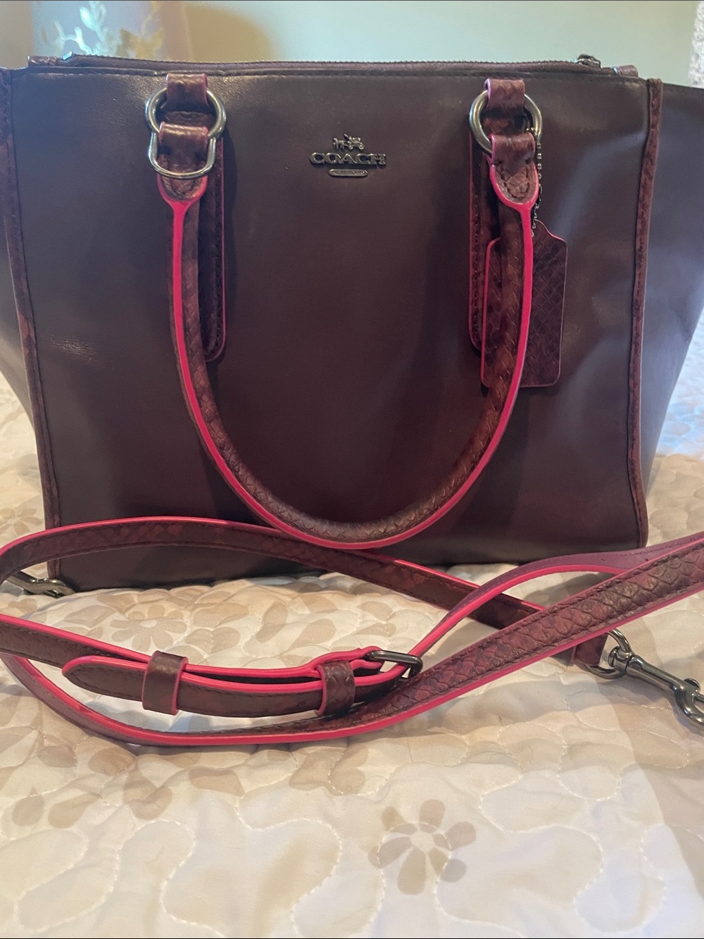 Coach Brown Tote with Pink Trim and Adjustable Strap